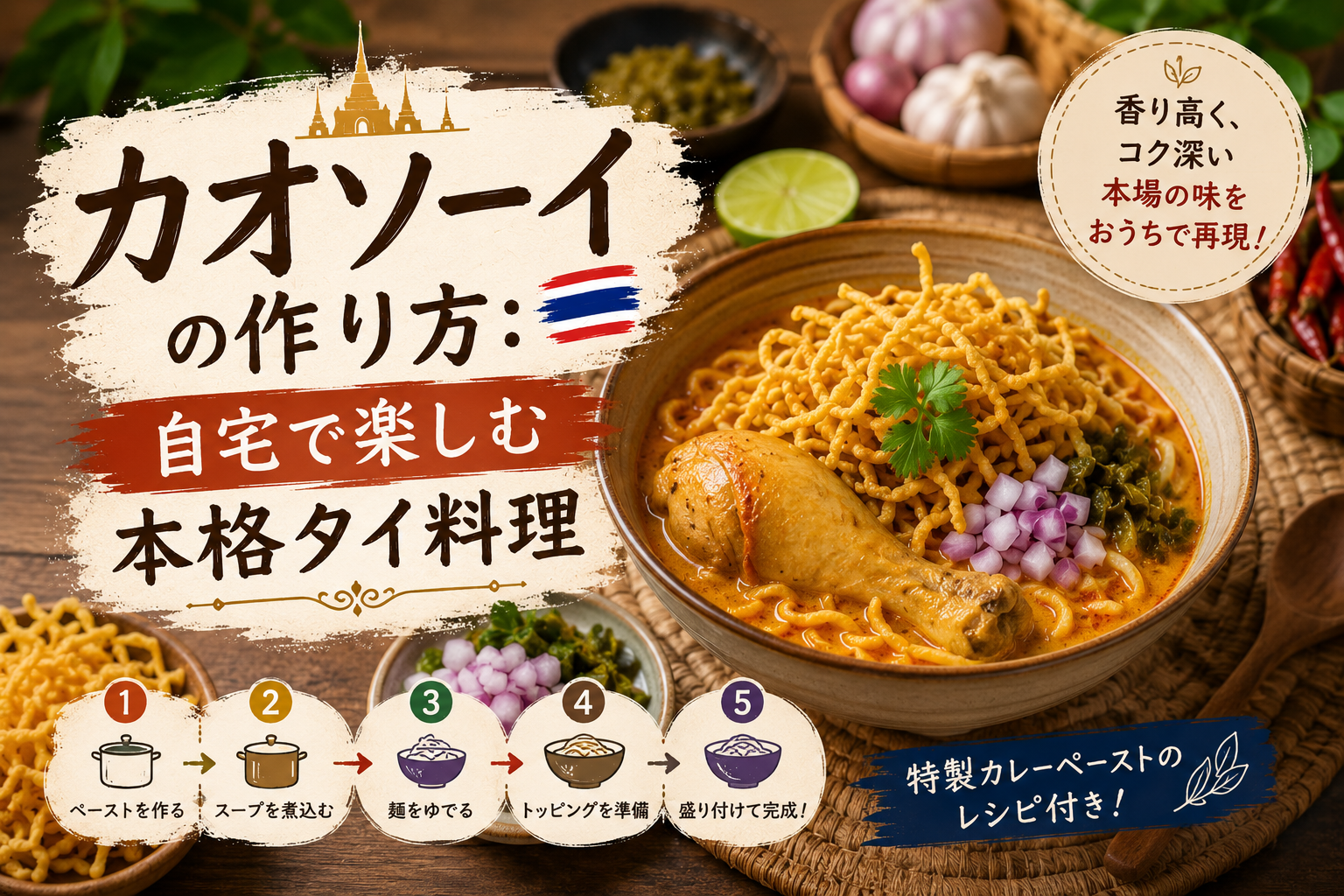 カオソーイの美味しそうな盛り付け