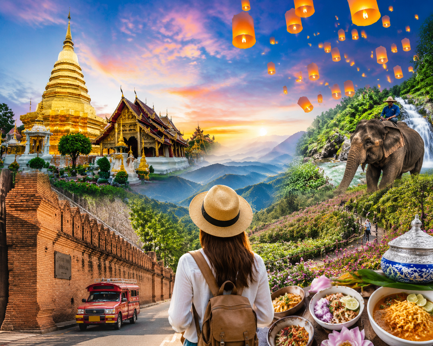 A panoramic view of Chiang Mai's ancient temples and lush mountains.